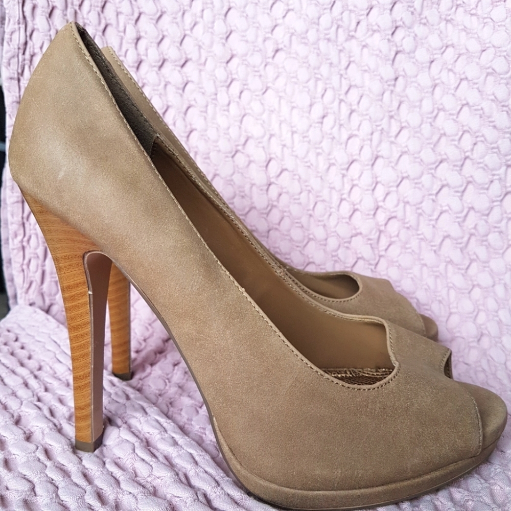 Spring Tan Suede Look Peep Toe Pumps